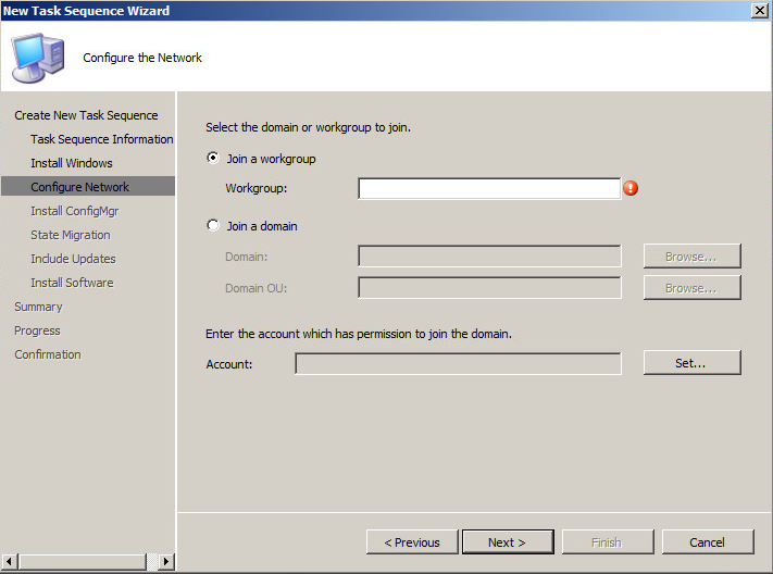 new task sequence configure network